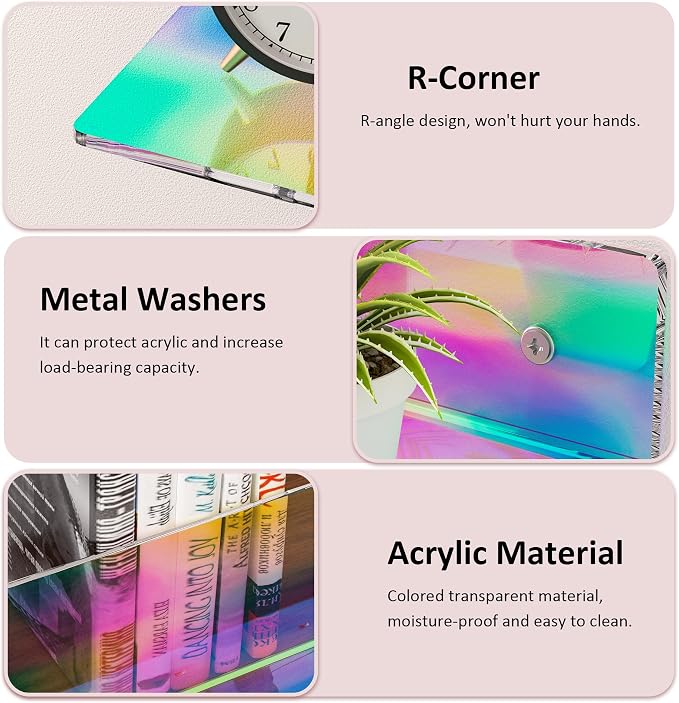 Sezanrpt 9 Inch Iridescent Wall Shelves, Acrylic Small Floating Shelf, Home Wall Display Shelf for Storage, Room Décor, Space Saving, Items Organizer, Bathroom Organizer, 4 Pack