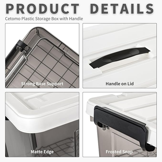 Cetomo Lidded Storage Bin with Handle, Tote Organizing Container with Durable Lid and Secure Latching Buckles, Stackable and Nestable, Plastic, 16 Quart-6 Pack, Clear Black