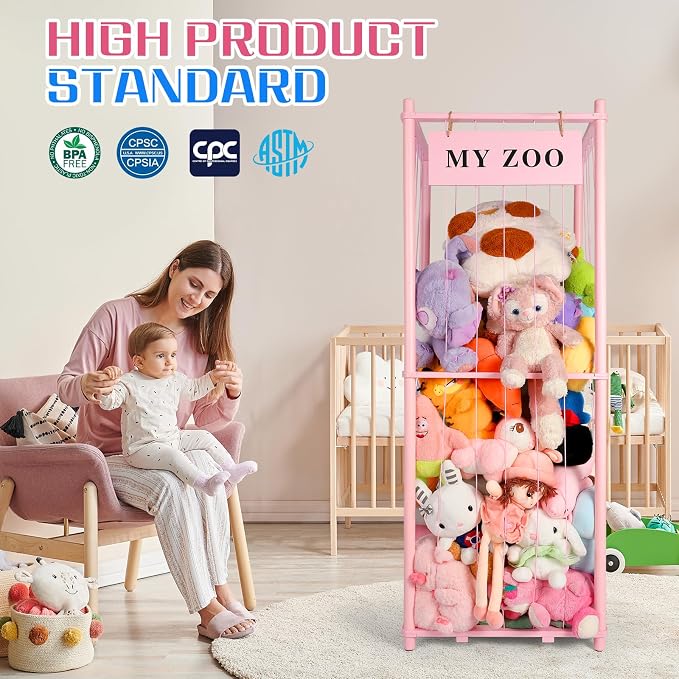 GLDZI Stuffed Animal Storage Zoo, Wooden Stuffed Animal Organizer with Elastic Cords for Boys Girls, Space Saving Toy Plushies Storage Holder for Playroom, Bedroom, Living Room (Pink, Large)