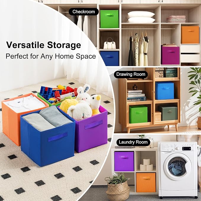 Fabric Storage Bins - 6 Pack Collapsible Cube Organizer for Closet, Shelves & Living Space, Pastel & Dark Color Options - Foldable Storage Boxes with Handles for Clothes (Dark Colors, 11 inch)