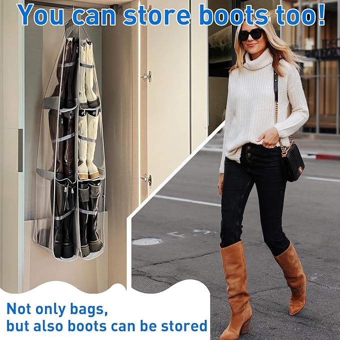 Purse Organizer for Closet, Large Capacity-19.69" Height for Oversized Purses&Tote Bags, Backpacks, Tall Boots, Purse Organizer,with 12 Boot Shapers, Hanging Purse Organizer, Grey