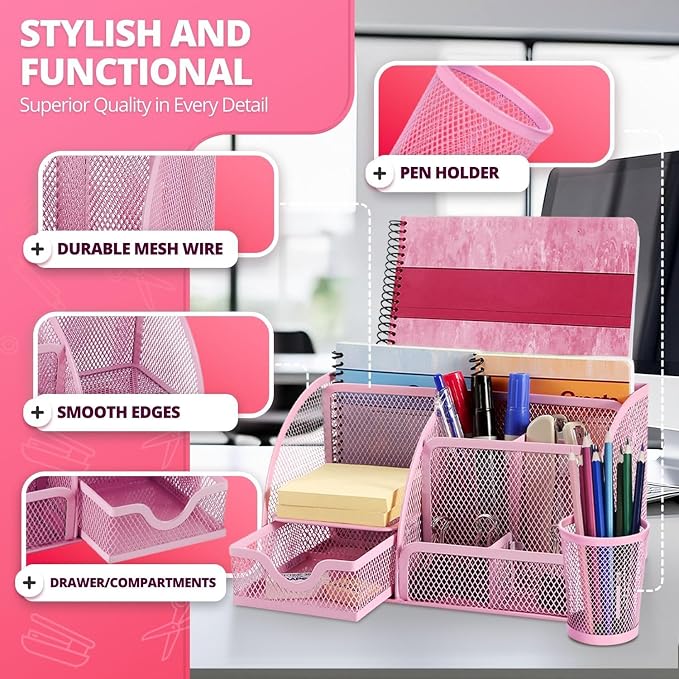 Flexzion Desk Top Caddy Organizer - Pink Office Desk Accessories Organizer and Storage - Metal Mesh Desk with 6 Compartments, Drawer and Pen Holder | Compact desktop caddy with separate pen holder; 8.7 x 5.5 x 5 in for office supplies, home study, or d...