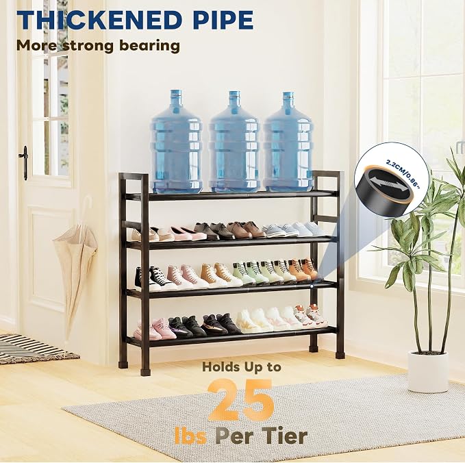 Mavivegue Expandable Shoe Rack, 4-Tier 19"-43.3" Adjustable Shoe Rack for Closet,Hall Entryway,Front Door,Garage, Sturdy Steel Space-Saving Rack, Black
