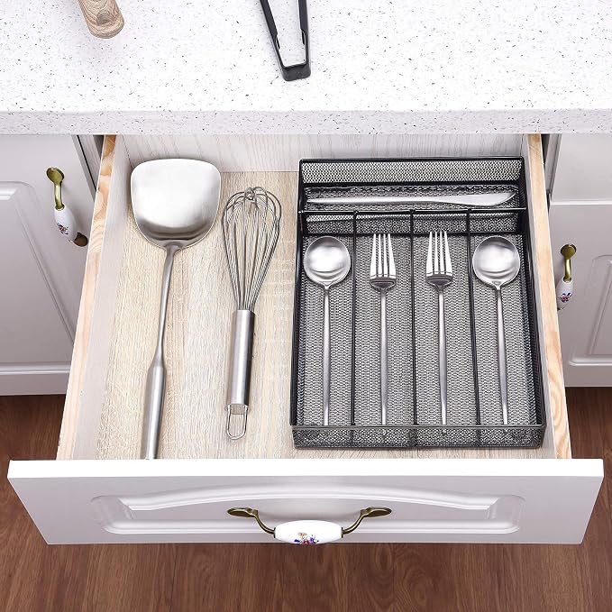 WuGeShop Silverware Drawer Organizer Black, Kitchen Drawer Organizer Metal Mesh Utensil Tray Non-Slip Cutlery Tray, 5 Compartments