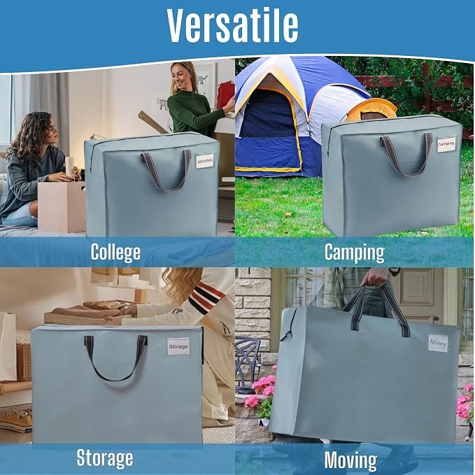 VENO 4 Pack Heavy Duty Moving Bags, Storage Bags, Packing Supplies, Top Zipper, Storage Totes for Camping, Clothes, Bedding, Comforters, Pillows (27 Gallon Light Blue, 4 Pack)