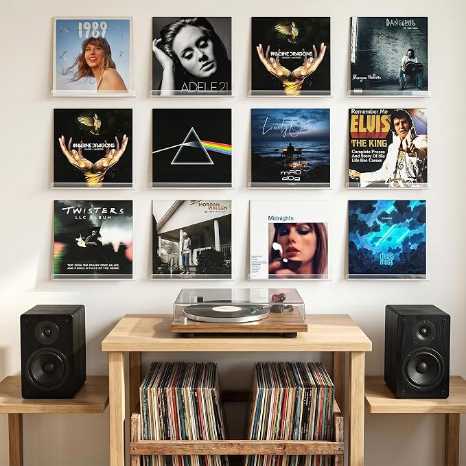 Gotega 12 Pack Vinyl Record Shelf Wall Mount, 12 inch Album Record Holder Display, Clear Acrylic Floating Shelves for Wall, Suitable for Bedroom, Living Room, Magazine Shelf, Kids Bookshelf, etc