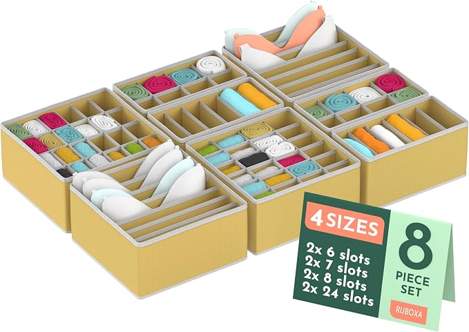 Dresser Organizer, [8 Pk] Beige Fabric Dresser Drawer Organizers (4 Sizes With 90 Slots) Foldable Underwear Drawer Organizer Breathable Bins for Bra, Lingerie, Socks, Scarves, Belt, Tie, Baby Clothes