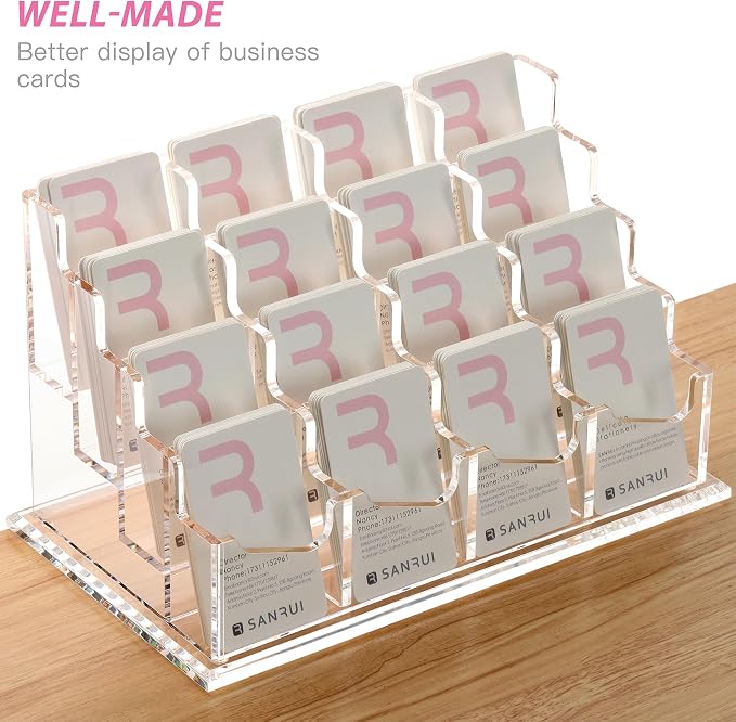 SANRUI Vertical Business Card Holder for Desk,16 Slots 4 Tier Clear Acrylic Business Card Display Stand,Multiple Business Card Desktop Organizer holders for Women and Men,Holds 960 Cards