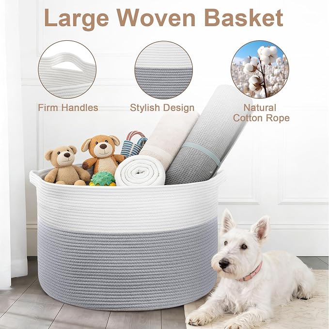XXXL Large Laundry Basket, 105L Soft Cotton Rope Basket, Blanket Storage and Organizers, Baby Nursery Laundry Hamper, Extra Large Toys Storage Bins for Kids 23.6'' x 14.6'', White & Gray