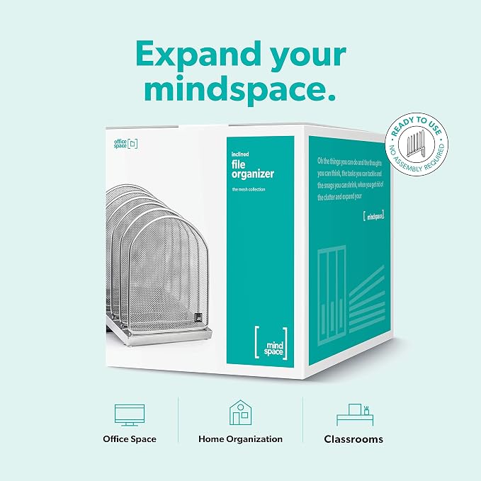 Mindspace Desk Organizer Inclined File Sorter, Office Desktop Document sorter with 5 upright sections | File Folder and Letter Organizer | The Mesh Collection, Silver