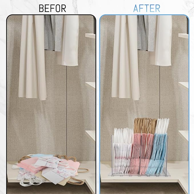 Gift Bag Storage Organizer:Acrylic reusable grocery bag organizer bag, Adjustable Shelf Divider Bag Organizer for Small Closet Upgraded to four partitions for more convenient storage
