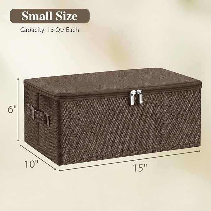 ANMINY 2PCS Storage Bins with Zipper Lids 13 Qt Lidded Fabric Storage Boxes Baskets Cubes with Handles Collapsible Washable Cotton Linen Closet Shelf Clothes Organizer Containers - Coffee, Small