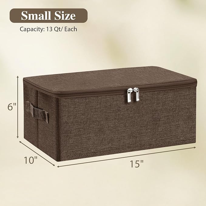 ANMINY 3PCS Storage Bins with Zipper Lids 13 Qt Lidded Fabric Storage Boxes Baskets Cubes with Handles Collapsible Washable Cotton Linen Closet Shelf Clothes Organizer Containers - Coffee, Small