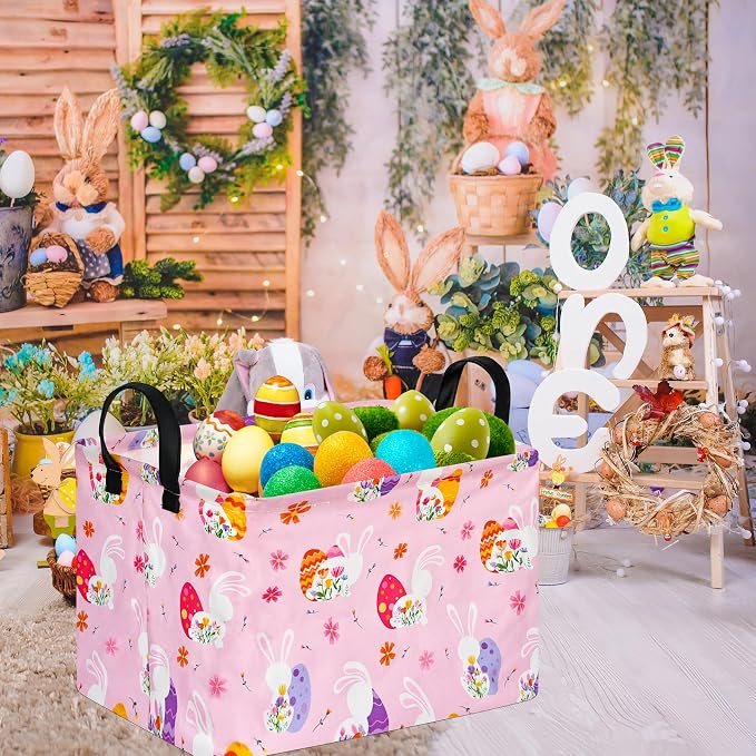 Rectangular Easter Basket Storage Bin for Shelves Cute Gifts Baskets Foldable Box with Handles for Boy and Girl Home Office Car Dormroom Easter Party Supplies