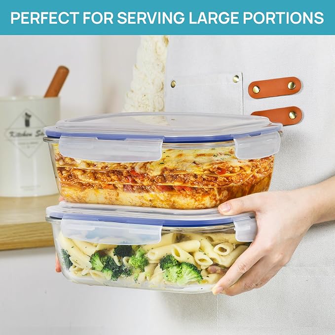 Vtopmart 2Pack 2260ml/76.4oz Extra Large Glass Storage Containers, Blue | Meal Prep Food Container Set with Snap Airtight Lids, Microwave, Oven, Freezer, Dishwasher Safe, Baking, BPA Free