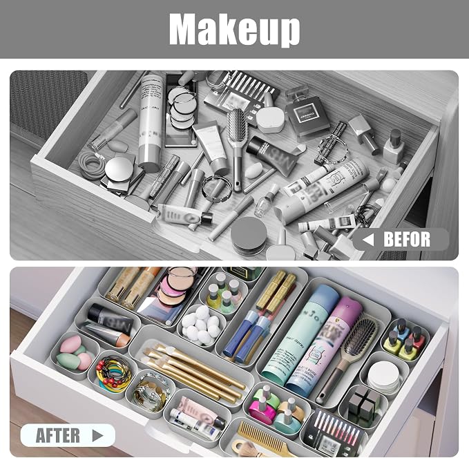 Drawer Organizers Bins 18 PCS for Bathroom Makeup Desk Office | with Non-slip Pads, 4 Sizes, Plastic Tray, Vanity Organizer, Kitchen Utensils Organizer