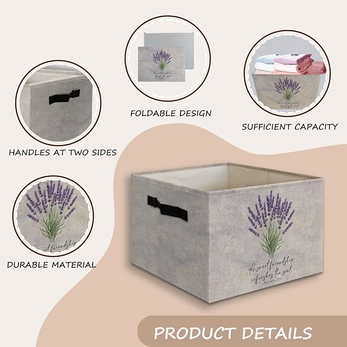 Christian Lavender Floral Decor Basket Foldable Storage Bins Box with Handles, Christian Friendship Gifts for Women, Bible Verse Collapsible Organizer for Bedroom Bathroom Clothes Toys Books
