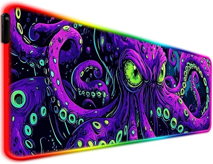 RGB Octopus Monster Gaming Desk Mat, Computer Keyboard Large Extended Cool Neon Animal LED Mouse Pad for Office and Home, 31.5×11.8 Inches, XL