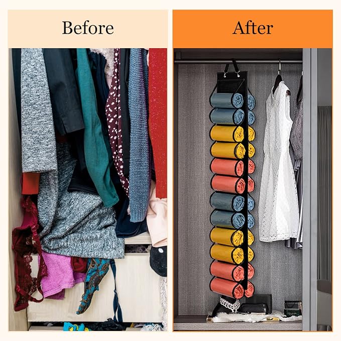 Lirex Hanging Yoga Legging Storage Organizer with 24 Pockets, Foldable Oxford Cloth Hanging Closet Organizer Shirts Jeans Storage Hanger Socks Holder for Family Closet Bedroom, Black