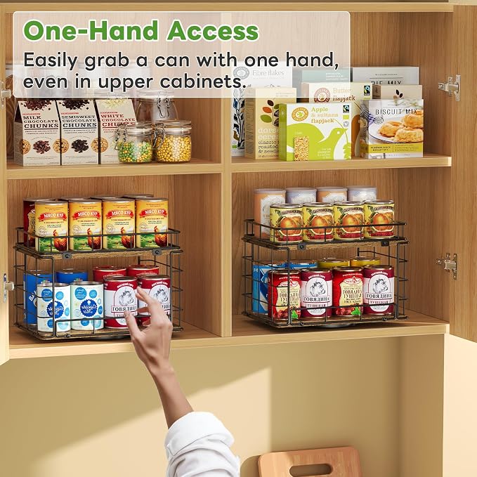 360° Rotating Can Rack Organizer for Pantry, 2-Tier Lazy Susan Can Organizer Holds Up to 26 Soda Cans, Metal Wire & Wood Shelf with Turntable Storage for Kitchen Cabinet, Pantry & Countertop