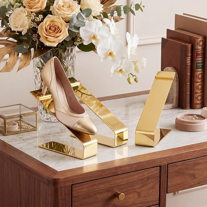 Therwen 8 Pcs Gold Shoe Display Stand Shoe Rack Stainless Steel Golden Metal Riser High Heel Display Rack Holder for Home Shopping Malls (Shape V Extended,Golden)