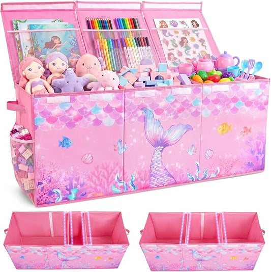 Unicorn Castle Toy Box with Adjustable Divider Toy Chest Storage Large Toy Storage Organizer Bin Collapsible with Lid Pockets for Nursery Playroom,Pink Purple Mermaid