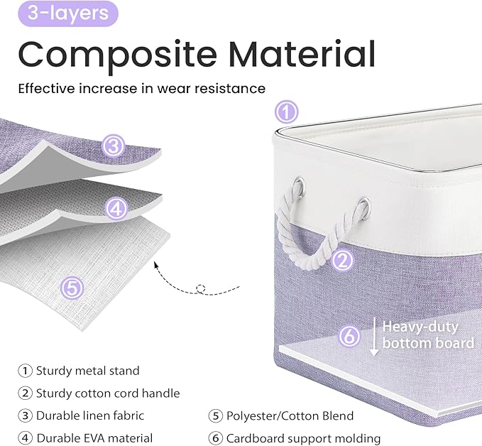 Large Storage Baskets- 15x11x10 inch Storage Bins for Shelves and Closet Organizing, Foldable Fabric Bin for Home Organization Clothes and Laundry (1-Pack, White&Purple)