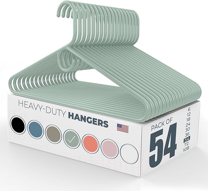 Heavy Duty Clothes Hangers 50 Pack (54 Count) – Made in the USA – 8lb Capacity Plastic Hangers for Adult Clothing – Durable for Pants, Coats, Jackets, or Jeans – Mint
