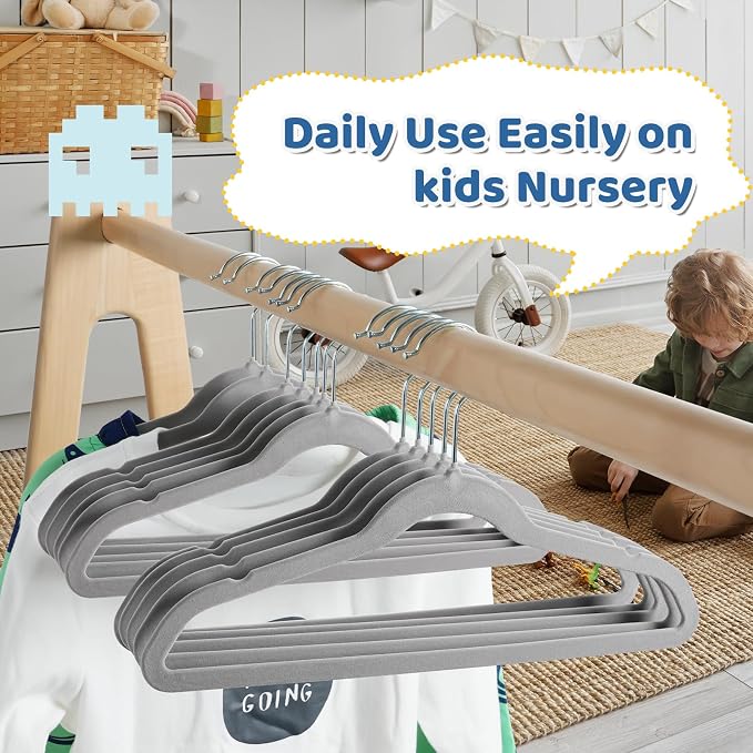 Smartor Premium 14 Inch Kids Hangers 50 Pack, Baby Velvet Hanger Non Slip | Grey Space Saving Felt Hangers Clothes Organizers for Closet with 360° Swivel Hook for Children, Toddler & Teens