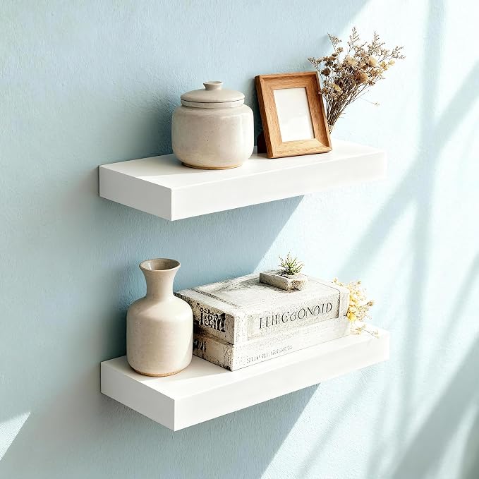 Floating Shelves for Wall(Set of 2)-16 Inch White Wood Wall Shelf with Invisible Brackets for Bathroom,Bedroom,Drawingroom,Kitchen for Decor(White 2pcs)