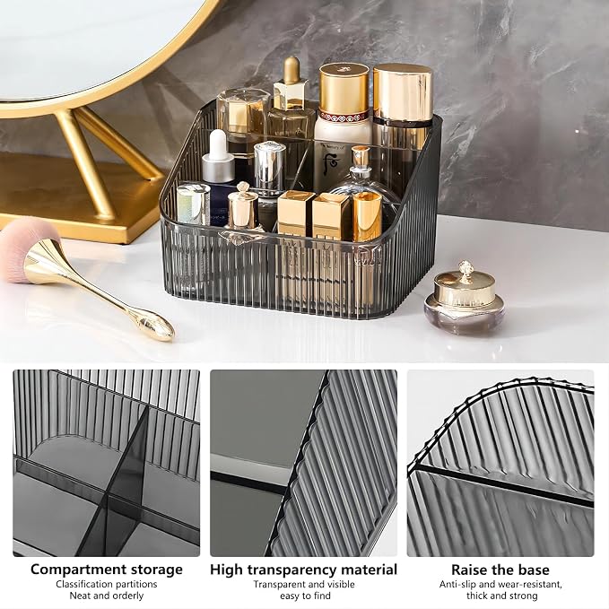 DASITON Large Capacity Makeup Brush Holder,5 Slot Makeup Brush Cup,Vintage striped Make Up Brush Holder,for Vanity Decor,Bathroom Countertops,Desk Storage Container,Cosmetic Display cases(Black-L)
