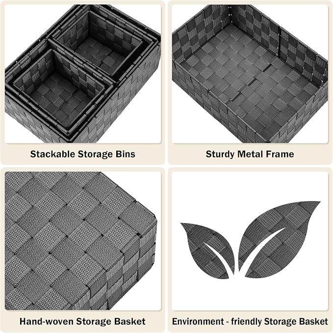 Woven Storage Baskets, Storage Bins, Cube Basket Container Baskets Storage Boxes Organizers for Clothes/Shelves/Closet, Set of 6 (Black)