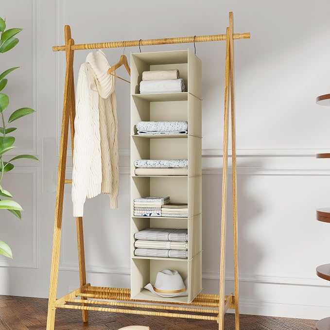 Hanging Closet Organizer 6-Shelf, Oxford Fabric Wardrobe Storage, Beige | Easy-mount foldable design holds clothes, handbags, shoes & accessories; washable Oxford fabric, sturdy and space-saving.