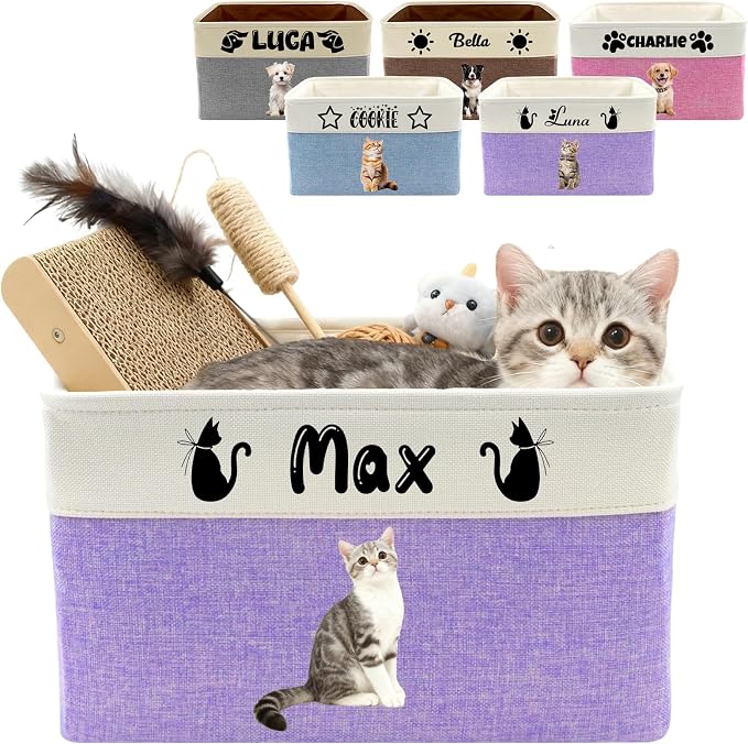 Customized Pet Toy Storage Basket - Personalized Dog & Cat Toy Organizer with Name, Foldable & Durable Fabric Bin for Pet Supplies, Organizer for Toys, Coats, Clothing, Blankets Purple