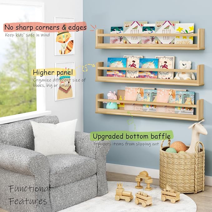 Harwaya Wooden Wall Bookshelf for Kids Room, Large Nursery Floating Shelves for Kids Bedroom, Natural Wood Wall Mounted Bookshelves for Baby Toddler Classroom Library Books (36 Inch Long, 3-Pack)