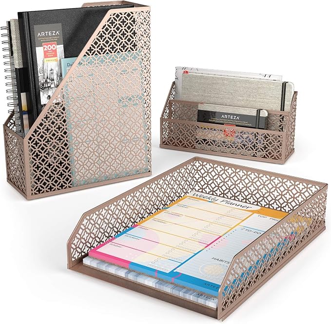ARTEZA Desk Organizer Set, 6-Piece Rose Gold, Includes Pencil Cup, Letter Sorter, Tray, Magazine Holder, Name Card & Sticky Note Holder