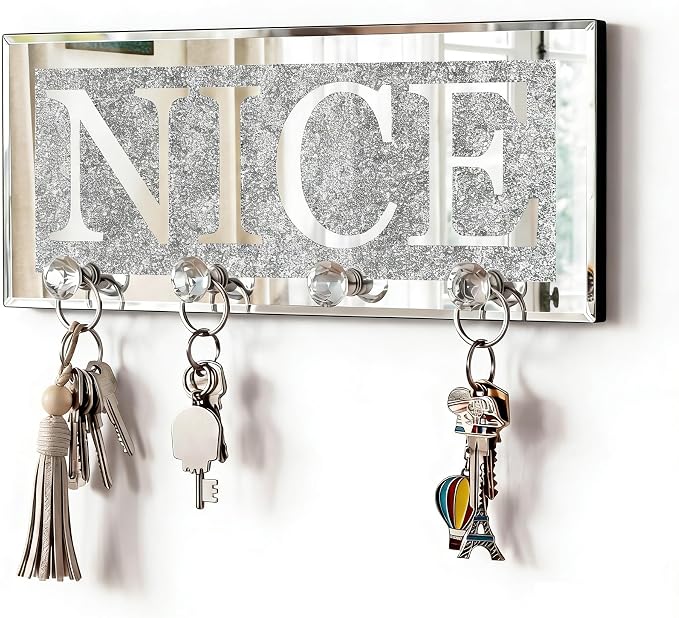 SHYFOY Crystal Clear Hooks Key Holder Key Hanger, Sparkly Mirrored Home Letters Plaque Sign for Decor, Silver Mirror Decoration Wall Art for Entryway Hallway Living Room, Nice Letter