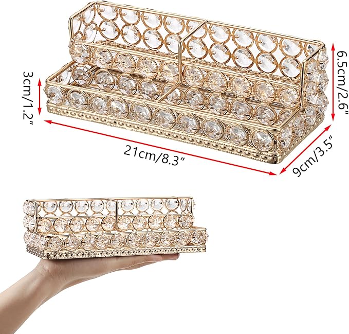 Hipiwe 2 Tiers Business Card Holder Gold Business Card Display Stand with 4 Slots Crystal Name Card Organizer for Office Exhibition Business