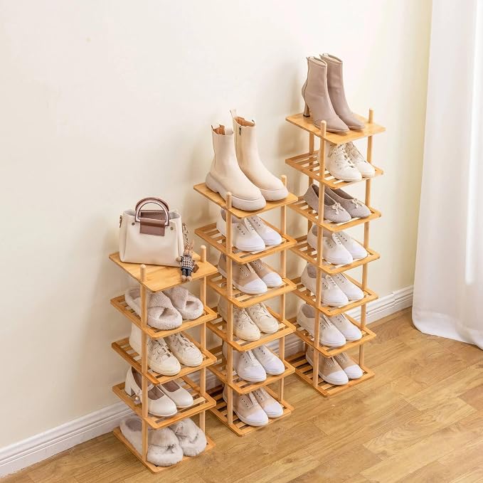 8-Tier Vertical Shoe Rack - Tall Narrow Shoe Rack Organizer for Small Spaces,Bamboo Shoen Shelf for Entryway,Closet,Corner,Doorway,Skinny Shoe Shelf Space Saving Shoe Storage (Natural, 8-Tier)