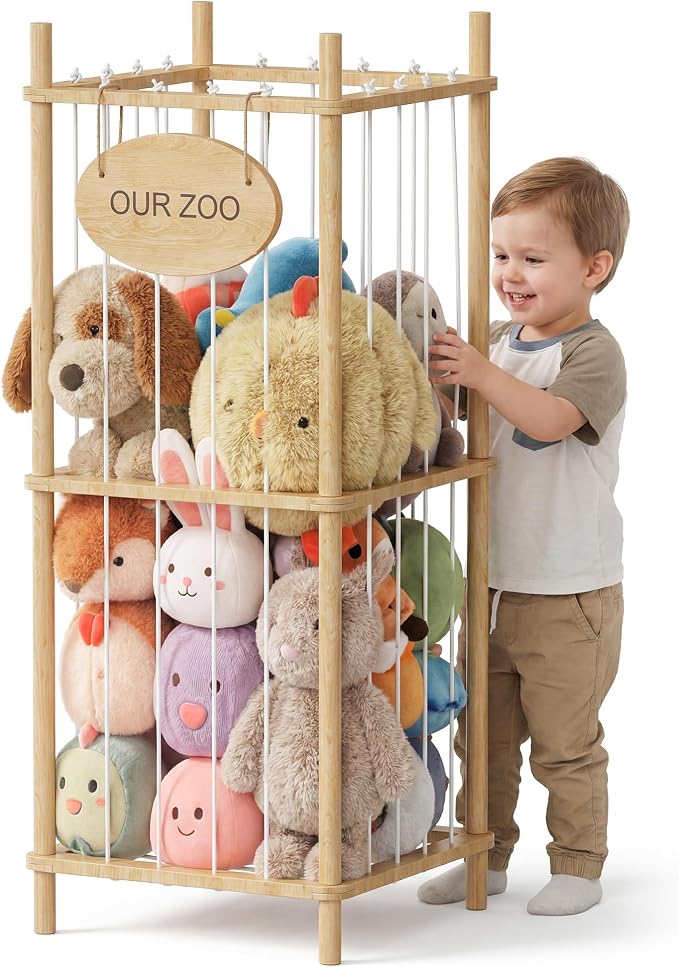 Brelley Stuffed Animal Storage Wood Toy Storage Organizer | Montessori Educational Materials Toy Chest Stuffed animal holder for Kids Nursery Playroom Bedroom