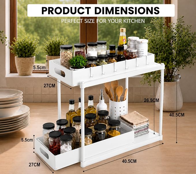 Expandable Under Sink Organizer_2 Tier Under Cabinet Organizer - Double Pull Out Shelf Under Sink Storage for Kitchen, Bathroom and Laundry Room - Multipurpose Space Saving Organizer (White)