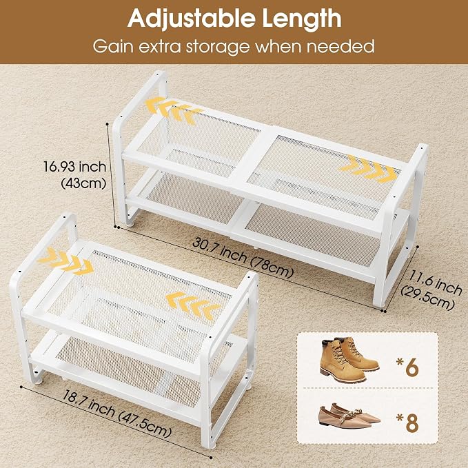 SAYZH 2-Tier Expandable Shoe Rack for Closet, Adjustable Metal Shoe Organizer with Sturdy Mesh Shelves for Boots & Heels, Stackable Shoe Storage for Entryway, Garage, Small Spaces (White, 2-Tier)
