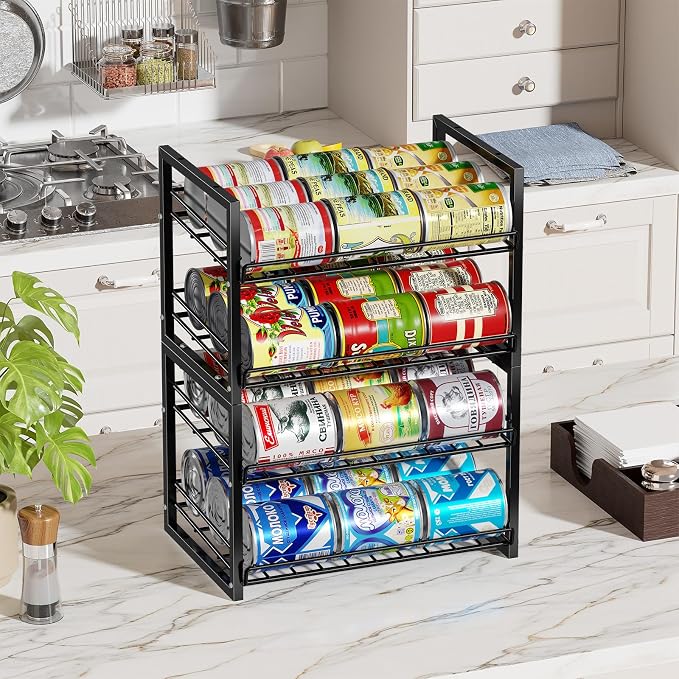 2-Tier Stackable Can Organizer 2 Pack, Pantry Can Dispenser Holds Up to 48 Cans, Metal Wire Basket for Canned Food Soda Drinks, Black