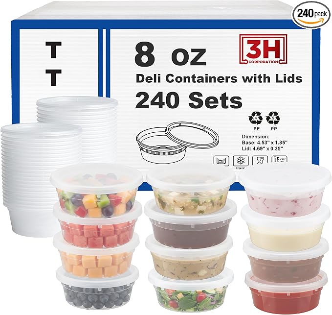 8 oz Food Storage Containers with Lids (240 Set/480 Piece) Small Deli Containers for soup, Freezer Microwave Safe, BPA-Free Plastic, Stackable Snack Leakproof Leftover Organizers