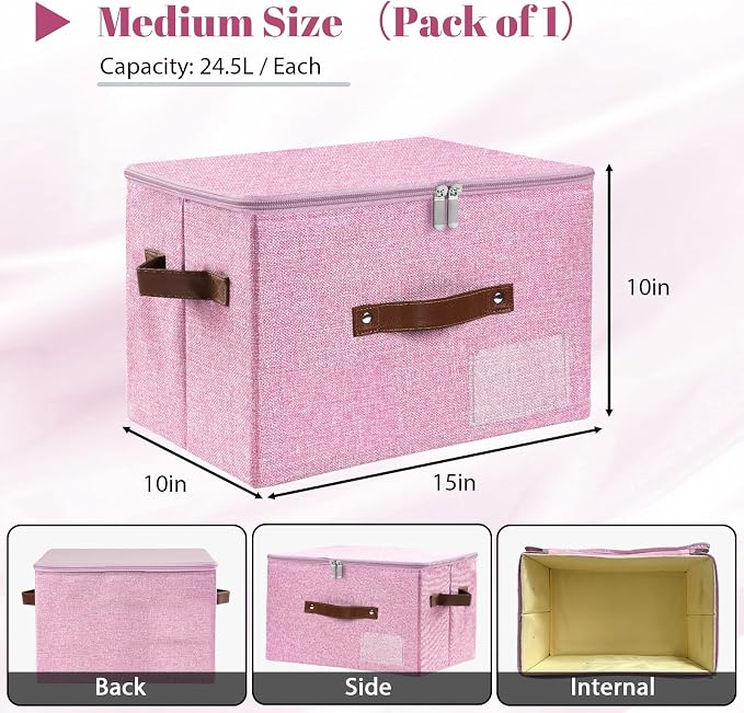 ANMINY Storage Bins with Zipper Lid Storage Boxes with Label Holder PU Leather Handles Washable Foldable Decorative Lidded Cotton Linen Fabric Cubes Baskets Closet Organizer - Pink, Medium