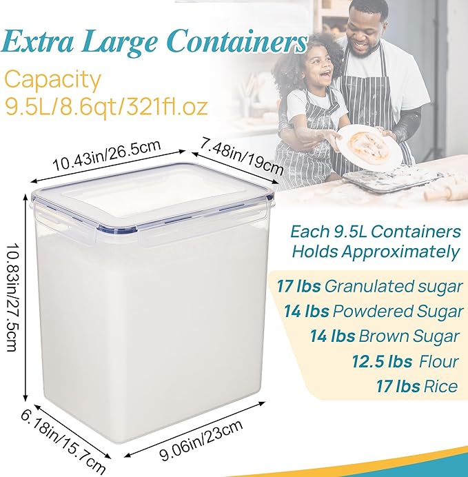 Vtopmart 9.5L 2 Pack Extra Large Flour Sugar Storage Containers, Each for 12.5 lbs flour, Airtight Kitchen Pantry Organization Canisters with Lids for Bulk food, Rice, Baking Supplies, BPA Free, Black