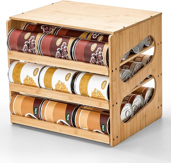 Aminigram Bamboo Rolling Can Organizer for Pantry, 4 Tier Pantry Can Organizers and Storage, Soup Can Organizer for Counter top Kitchen Cabinet