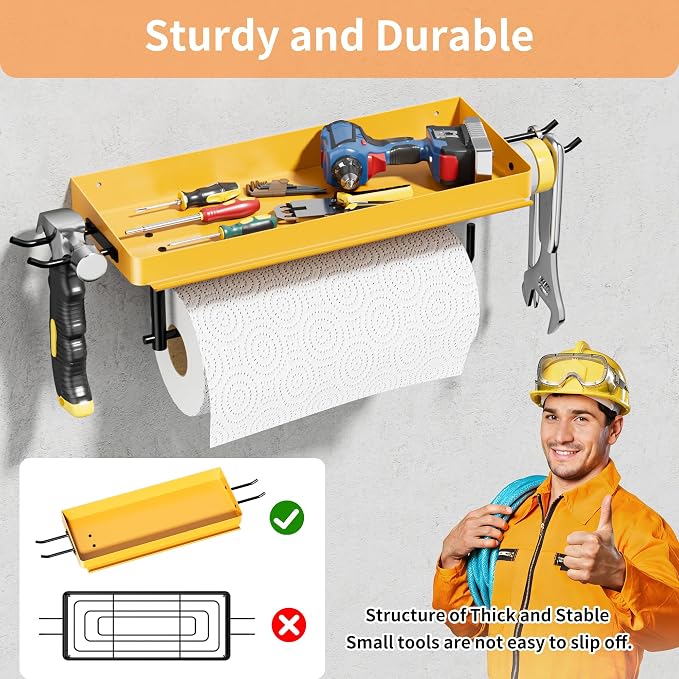 SUNTECH Garage Paper Towel Holder with Shelf, Yellow Heavy Duty Shop Towel Holder, Paper Towel Holder Wall Mount with 2 Hooks for Garage, Workshop, Tool Room Organization