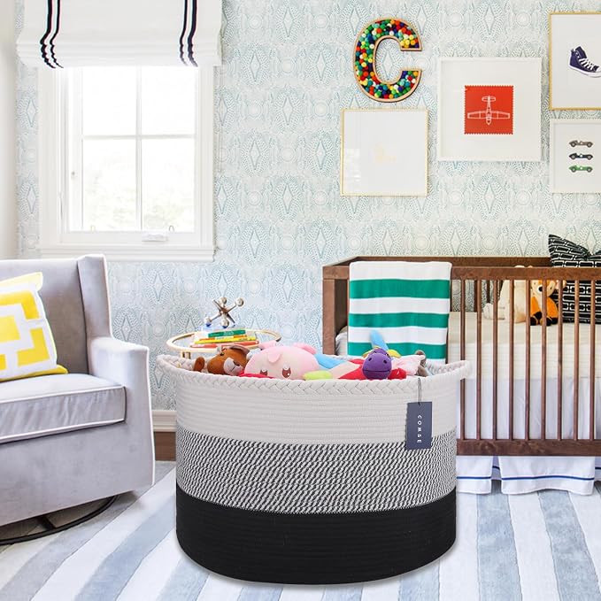 COMSE Extra Large Blanket Basket, Woven Laundry Basket, 21.7”x 13.8”, Nursery Hamper, Cotton Rope Laundry Hamper Living Room for Storage Toys Clothes Towels (White &Gray &Black)