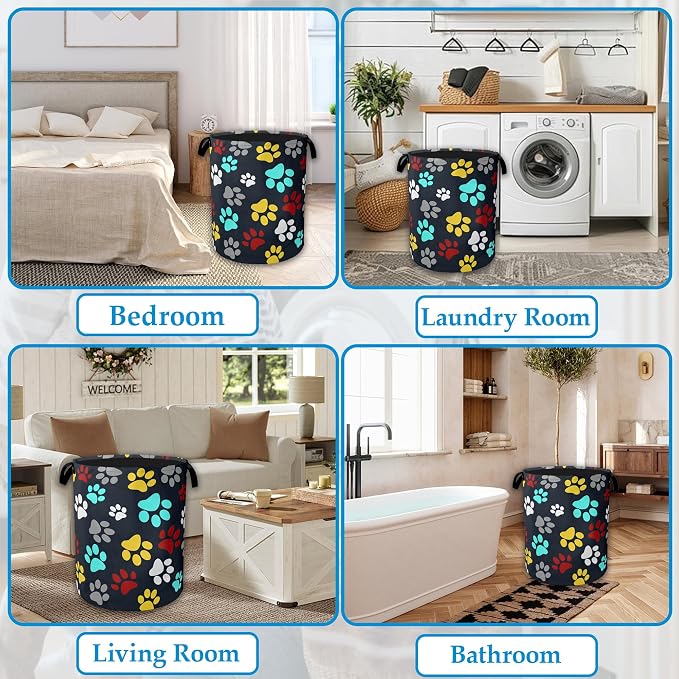 Colourful Paw Prints Laundry Basket Collapsible Laundry Hamper with Handle, Oxford Clothes Storage Bin for Bathroom Bedroom Room Decor 16" X 20.8"